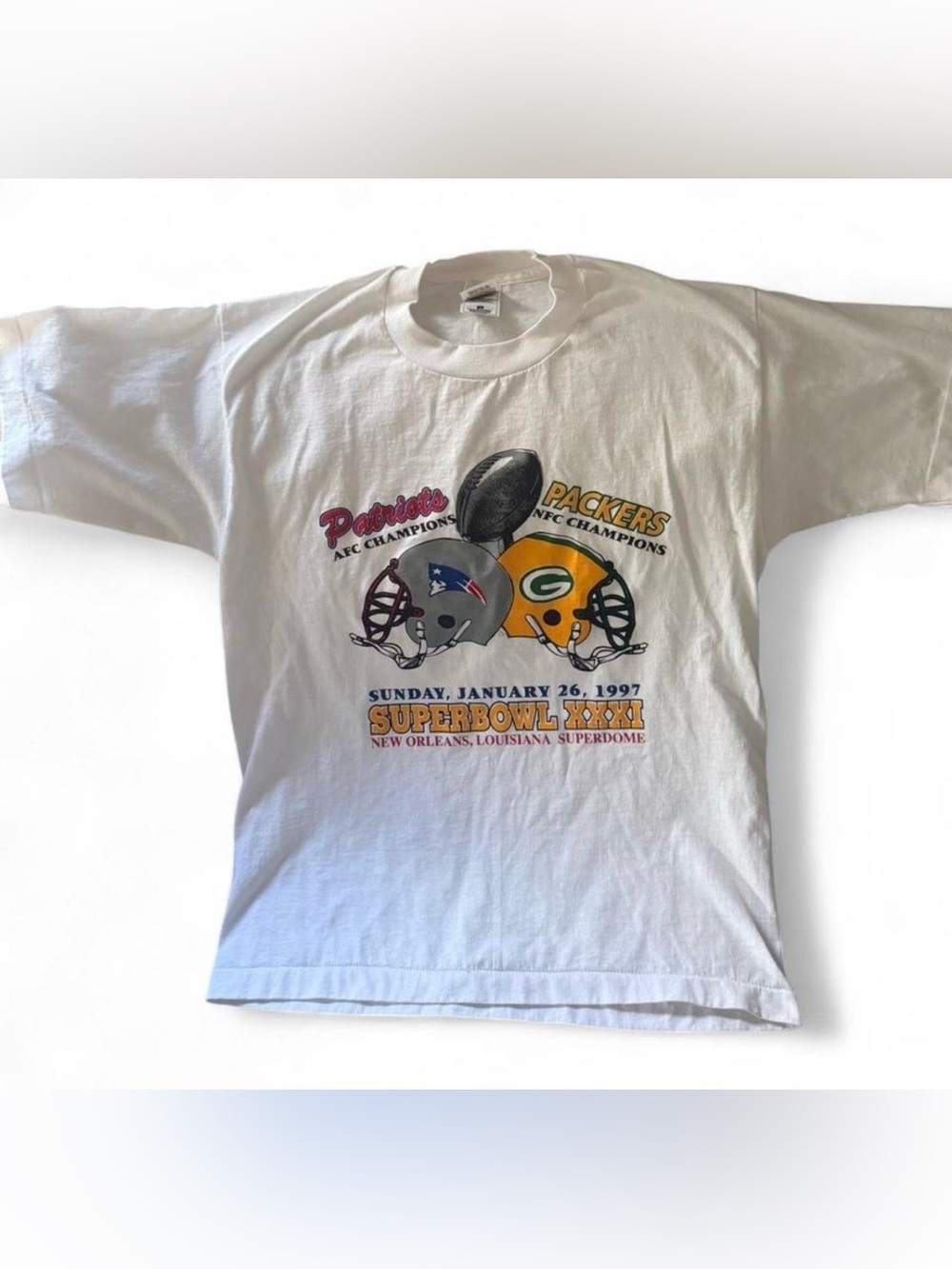 Vintage 1997 White Super Bowl XXXI Patriots vs Packers Tee Sz L